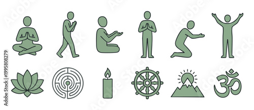 Spiritual People Icon Set Meditation Yoga Prayer Symbols and Mindfulness Elements Vector Collection for Zen Wellness Peace Religious Practice Worship Mindfulness Exercises and Esoteric Graphic Design
