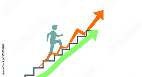 Person Climbing Stairs with Upward Trend Arrows, Business Growth Concept