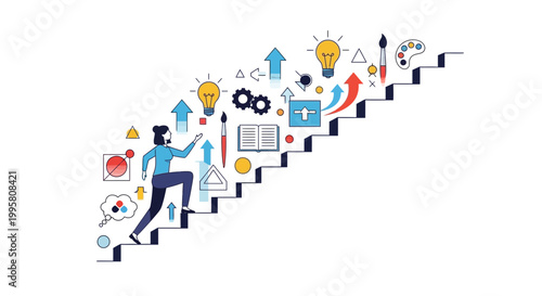 Person climbing stairs of success with ideas, creativity, and business growth symbols