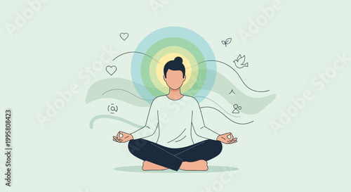 Person Meditating in Lotus Pose with Aura and Symbols of Peace and Calm
