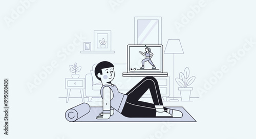 Person exercising at home following online fitness class on laptop