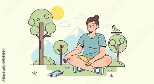 Person Meditating Outdoors In Nature, Peaceful Mind and Relaxation