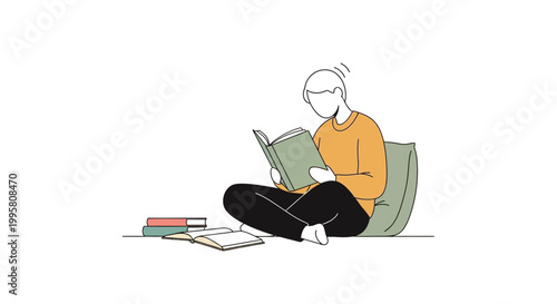 Person reading book on floor, surrounded by books, minimalist illustration
