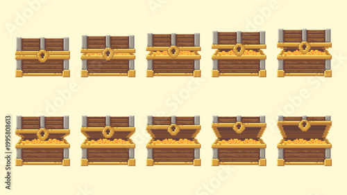 Pixel art frame sequence of treasure chest opening with gold coins inside. Game asset for loot reward systems and fantasy interface design.