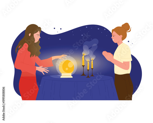 Fortune teller with magic ball. Destiny prediction, occult forecasting ritual cartoon vector illustration