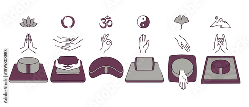 Yoga Meditation Icons Set With Zen Symbols and Hand Mudras for Spiritual Mindfulness Practice and Wellness Programs, Minimalist Outline Vector Graphic Elements for Holistic Health and Relaxation Desig