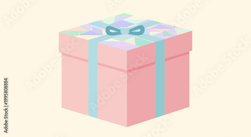 Pink Gift Box with Pastel Geometric Pattern and Blue Ribbon