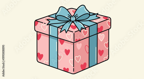 Pink gift box with hearts and blue ribbon, isolated on cream background.