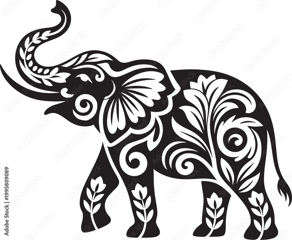 Fototapeta premium Elephant silhouette with intricate floral patterns and leaf ornaments for laser cut or vinyl decal.