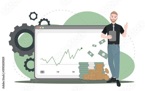 Business trading illustration with growth chart and investor concept with male character . Ideal for finance, investment, analytics and economic topics.