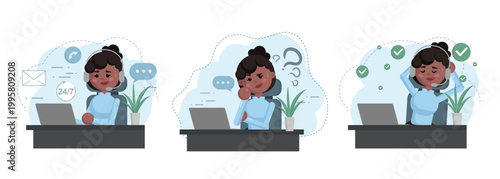 Call center support female assistant with headset operators. Perfect for customer service, communication, helpdesk and business support concepts. Use it for motion design, animation or business concep