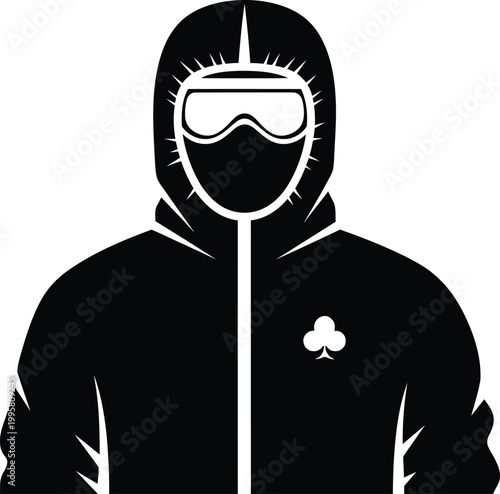 Hazmat suit silhouette vector icon, person in protective chemical gear and goggles, black and white safety equipment illustration for industrial use