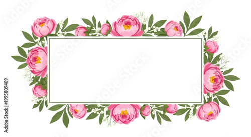 Pink Peony Flower Frame with Green Leaves and White Rectangle Copy Space