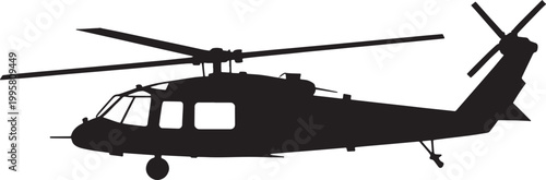 Black silhouette of military helicopter, modern aircraft, aerial vehicle vector art.