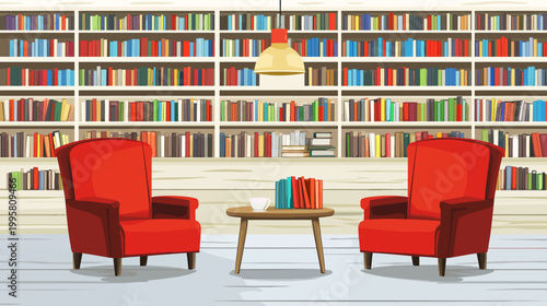 Illustration of a cozy library with red armchairs, books, coffee table, and bookshelves in the back