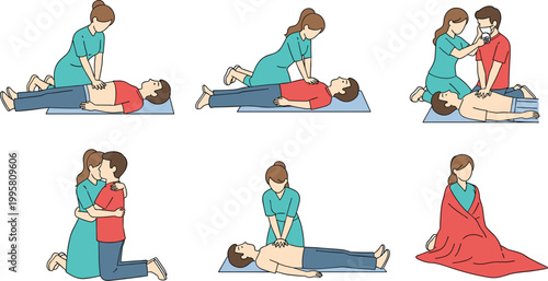 First Aid and CPR Rescue Procedure Illustration Set with Emergency Response Techniques Chest Compression Recovery Position and Rescue Breathing Vector Collection