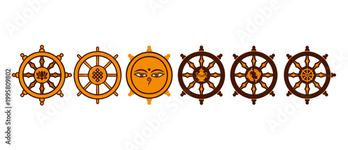 Eight Auspicious Symbols Dharmachakra Collection, Buddhist Wheel Icons Set for Spiritual Meditation, Traditional Tibetan Culture Vector Elements for Temple Decor, Religion and Enlightenment Design Gra
