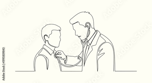 Continuous Line Drawing of Male Doctor Examining Patient Heartbeat Using a Medical Stethoscope