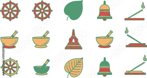 Buddhist religious icon set with dharma wheel and singing bowl, 15 spiritual meditation vector elements, zen temple symbols in flat style