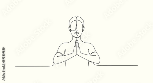 Continuous line drawing of a person in prayer pose for meditation, yoga and mindfulness concept art.
