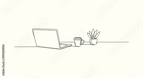 Continuous line drawing of a laptop with a coffee cup and a plant on a desk. Minimalist office art.