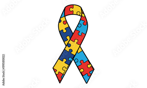 Autism Awareness Ribbon with Colorful Jigsaw Puzzle Pattern
