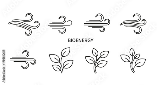 Bioenergy concept with leaf and wind icons.