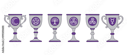 Esoteric Chalices with Sacred Symbols Set for Wiccan Ritual and Pagan Magic Ceremony, Purple and Silver Decorative Cups with Moon, Pentagram, Tree of Life, Triskele, and Alchemy Planetary Sigils