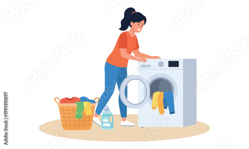 Woman Doing Laundry with Washing Machine and Clothes Basket