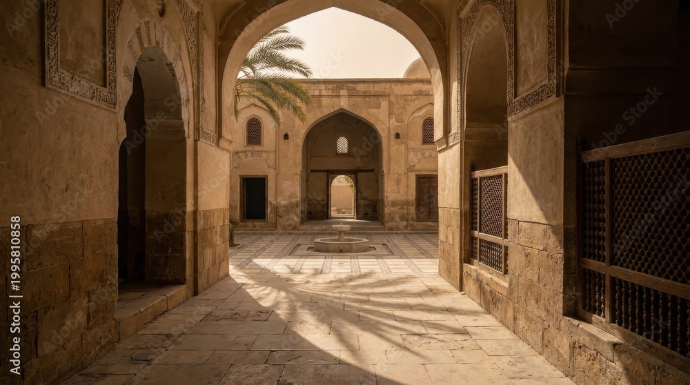 Fototapeta premium Sunlit arcade opening into a tranquil courtyard, islam pictures architecture with palm shadow, central fountain, patterned stone paving and elegant arches in a warm historic mosque passageway