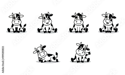 Cartoon cow character set in sitting and lying poses