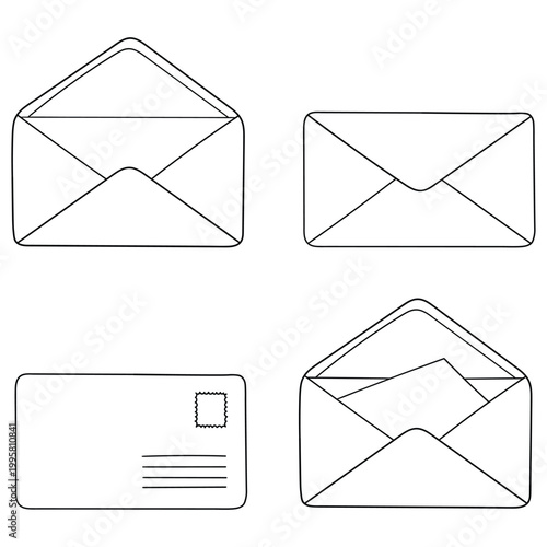 Hand-drawn doodle set of envelopes on a white background.