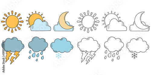 Hand-drawn cartoon and doodle set of weather icons on a white background.