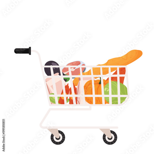 Grocery store trolley. Shopping cart, food products shopping vector illustration