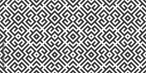 A seamless geometric square pattern designed in a black and white color scheme.