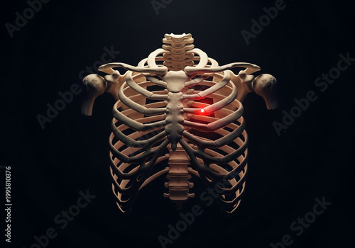 Human Rib Cage Anatomy with Glowing Red Pain Point on Dark Background