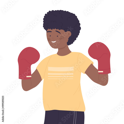 Little boy with boxing gloves. Sport kid, workout children, fitness activity cartoon vector illustration