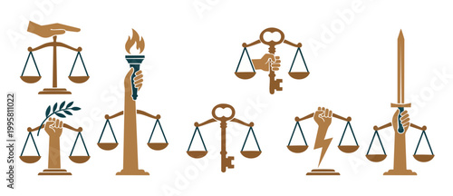 Justice Scales Icons Set with Hands, Sword, Key, Torch, and Olive Branch for Legal, Judicial, Courtroom, and Law Concepts in Flat Vector Illustration Style on White Background for Professional Design