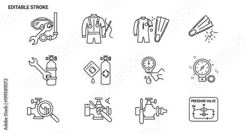 Collection of editable stroke icons related to industry and manufacturing.