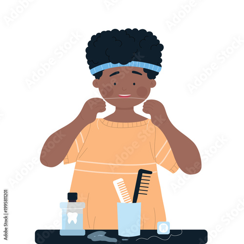Little boy using dental floss. Kids morning routine, cleaning teeth cartoon vector illustration