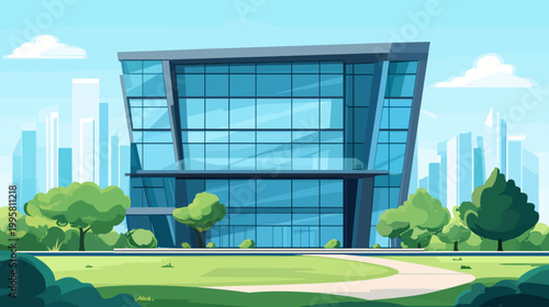 Cartoon-style illustration of a modern office building with glass facade, and a park