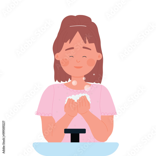 Smiling little girl washing her face. Hygiene morning routine for children cartoon vector illustration