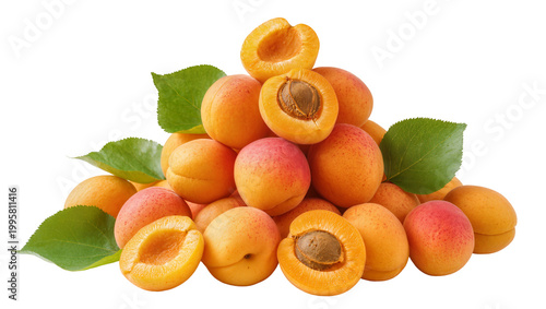 Bild auf Leinwand Ripe Orange Apricots with Green Leaves Piled High