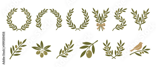 Olive branch wreath collection set with decorative leaves and fruit for wedding invitation design, border frames, heraldic elements, vector illustration isolated on white background, organic style ico