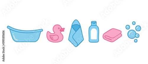 Baby Bathtub Accessories Set with Rubber Duck and Soap for Infant Bath Time Routine, Cute Pink and Blue Vector Illustration Collection on White Background for Childcare Hygiene and Newborn Care Concep