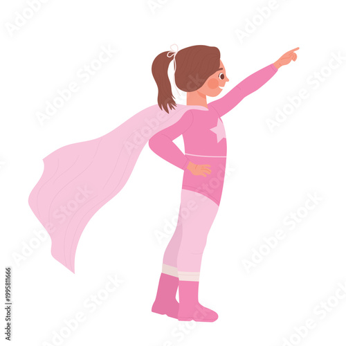 Little girl in pink superhero costume. Kid wearing cape and carnival costume cartoon vector illustration
