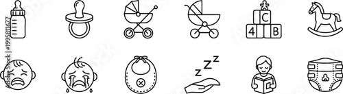 Father's Day Baby Care Line Art Set with Dad Parenting and Nursery Icons