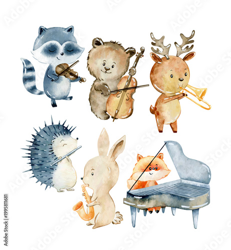 Woodland Animals Set with musical instruments. Watercolor Vector Illustration. Cute cartoon characters.
