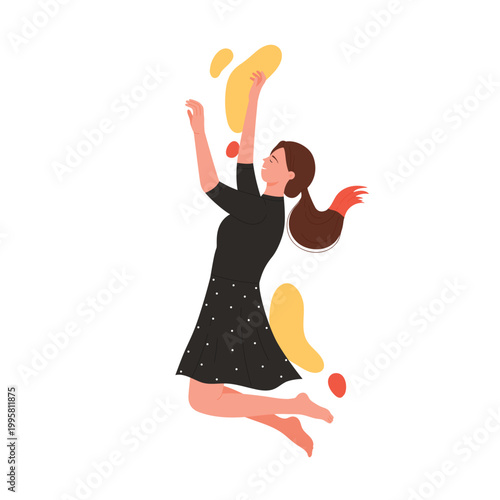 Happy woman soaring in the air. Excited girl floating in the sky cartoon vector illustration