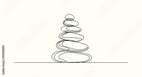Minimalist continuous line drawing of balanced zen stones for spa meditation and harmony concept.